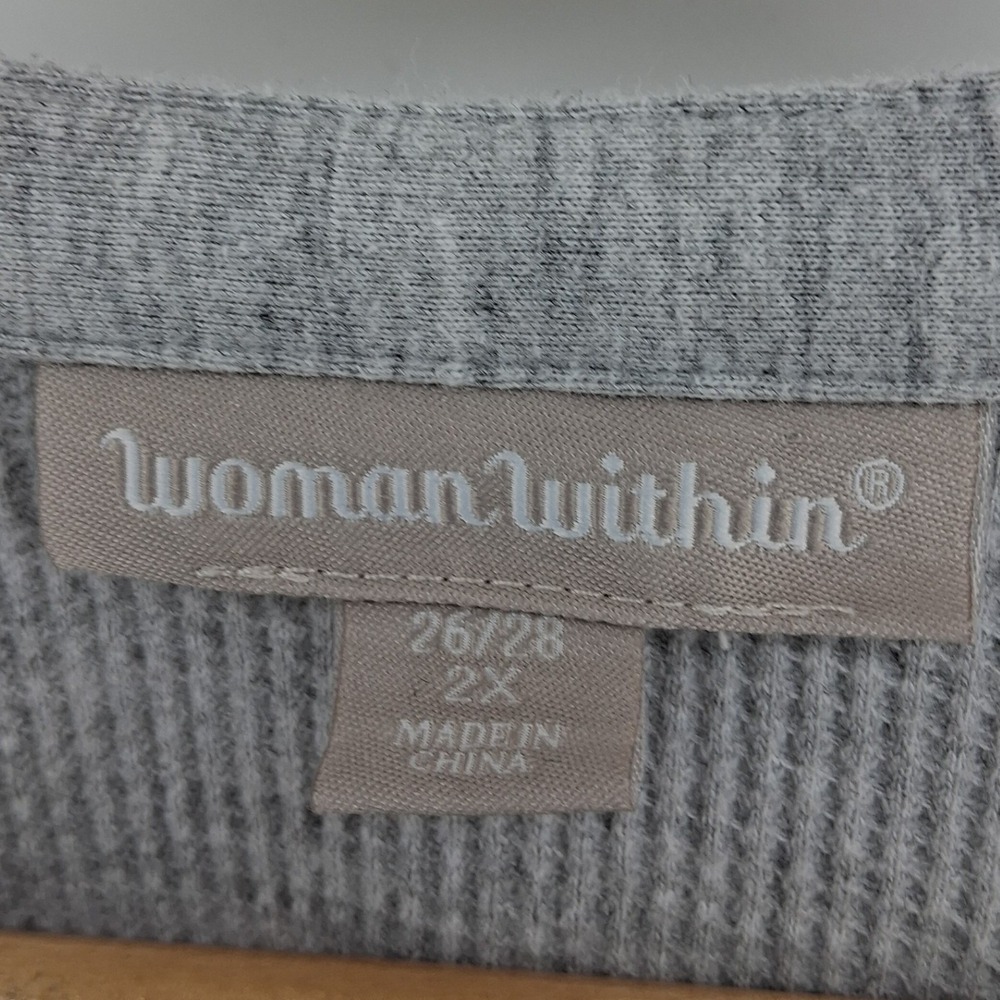 Woman Within Gray Floral Embroidered Thermal Knit Henley Tee Plus Sz 2X Cozy - Picture 6 of 11
